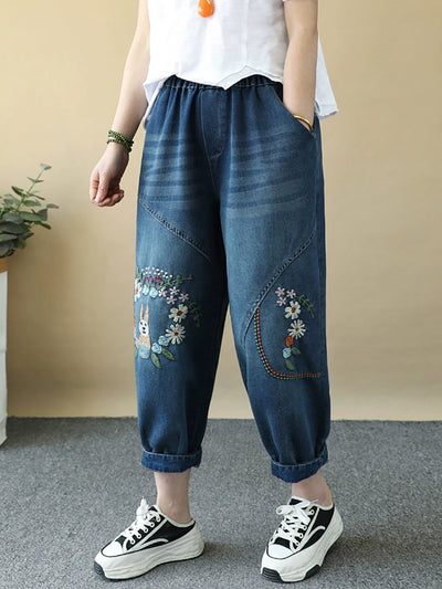 Women Summer Rabbit Embroidery Denim Harem Pants