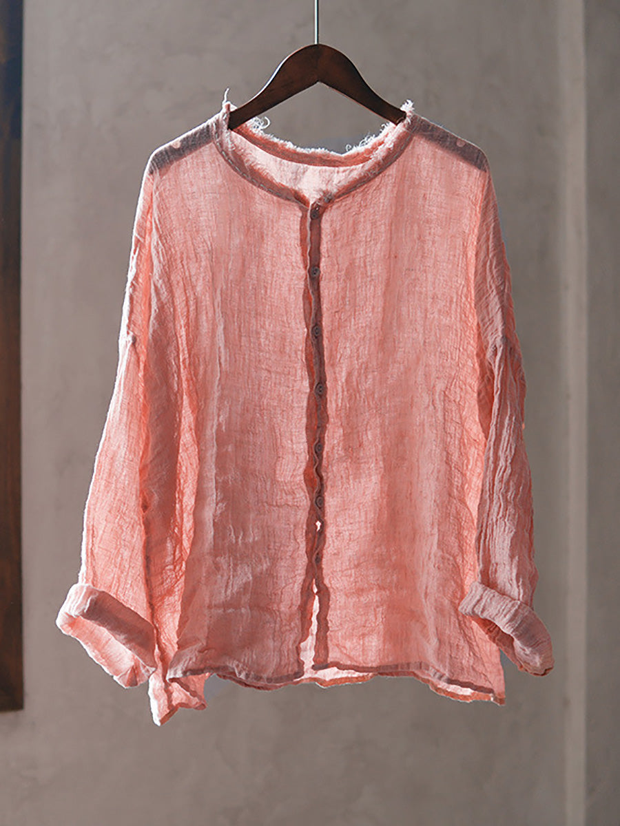 Women Summer Retro Pure Color Raw-edge O-Neck Linen Shirt