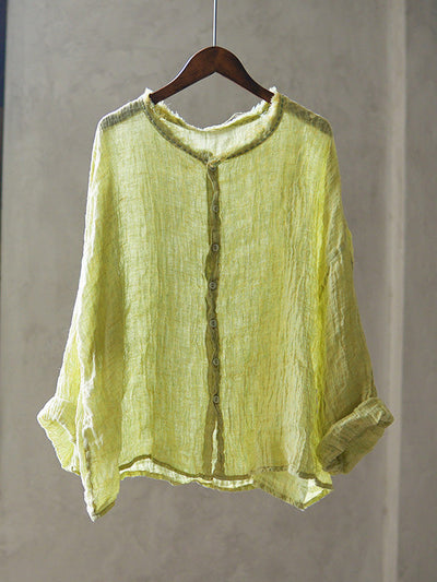 Women Summer Retro Pure Color Raw-edge O-Neck Linen Shirt