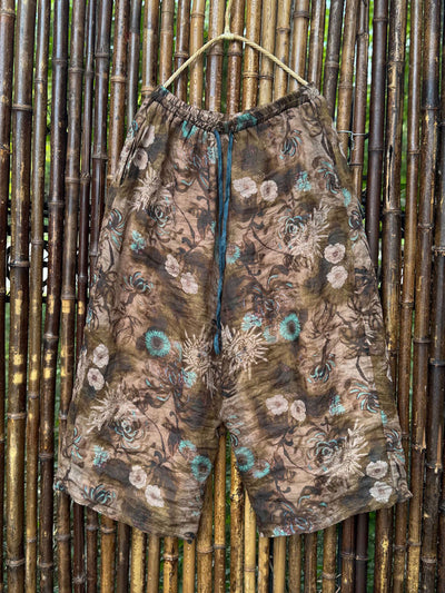 Women Summer Retro Flower Ramie Wide-leg Pants