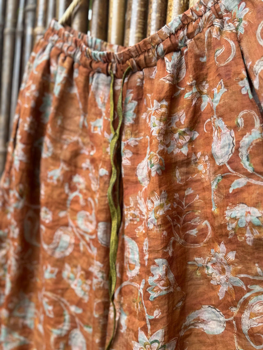 Women Summer Retro Flower Ramie Wide-leg Pants