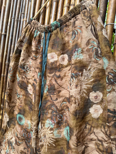 Women Summer Retro Flower Ramie Wide-leg Pants