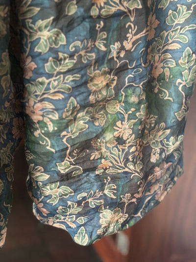 Women Summer Retro Flower Ramie Wide-leg Pants