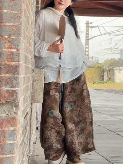 Women Summer Retro Flower Ramie Wide-leg Pants