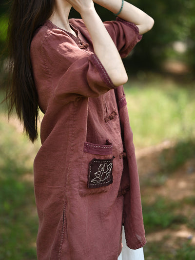 Women Summer Retro Lotus Patch Stand Collar 100%Linen Shirt