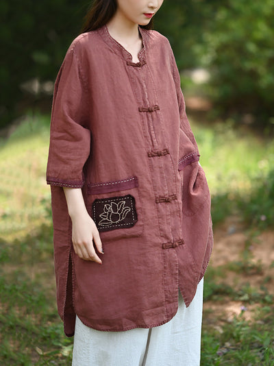 Women Summer Retro Lotus Patch Stand Collar 100%Linen Shirt