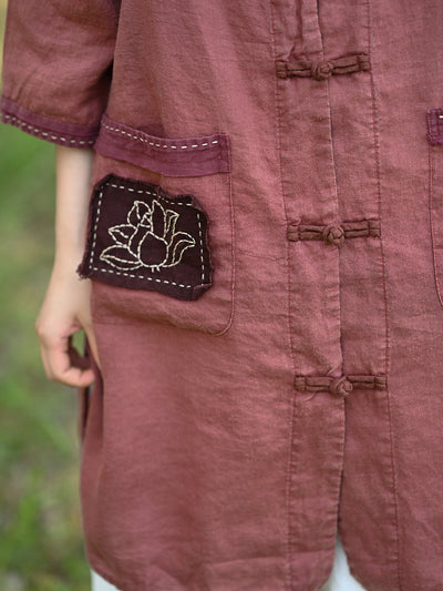 Women Summer Retro Lotus Patch Stand Collar 100%Linen Shirt
