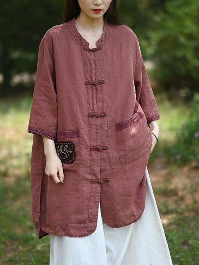 Women Summer Retro Lotus Patch Stand Collar 100%Linen Shirt