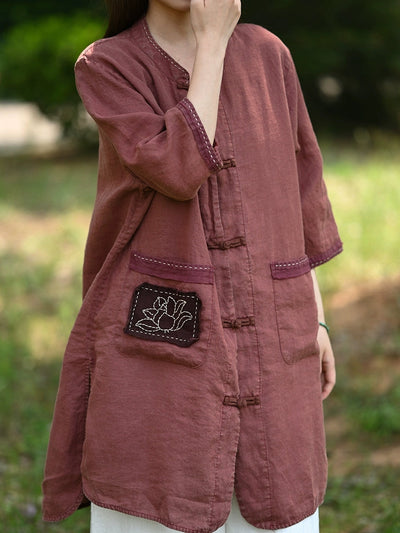 Women Summer Retro Lotus Patch Stand Collar 100%Linen Shirt