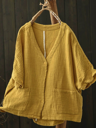 Women Summer Casual Pure Color V-Neck Cotton Shirt