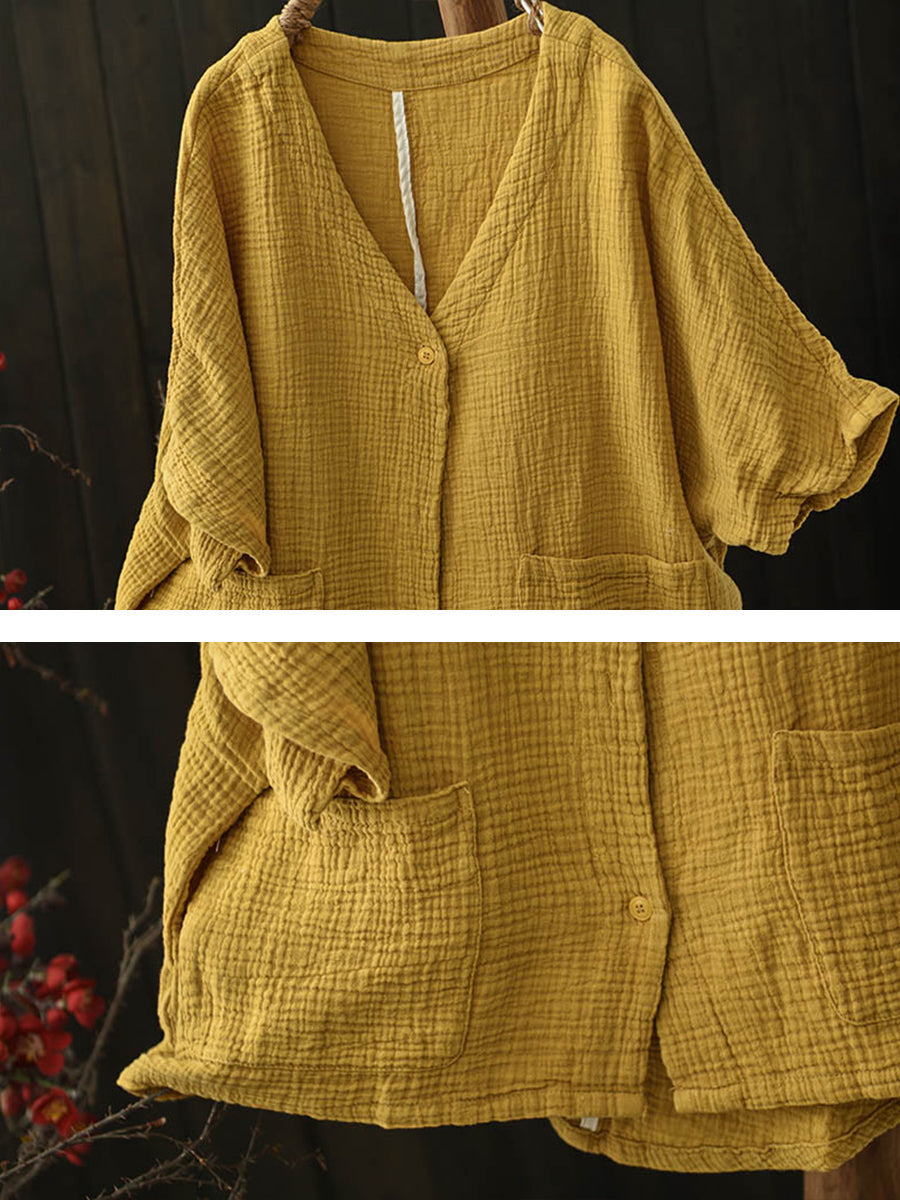 Women Summer Casual Pure Color V-Neck Cotton Shirt