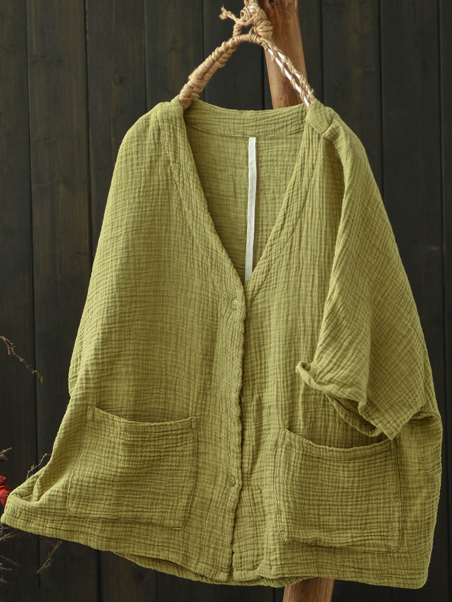 Women Summer Casual Pure Color V-Neck Cotton Shirt