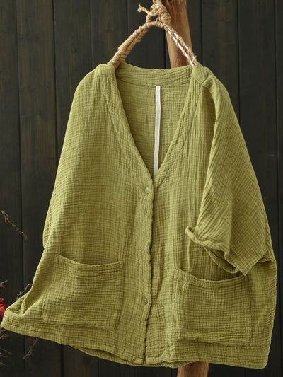 Women Summer Casual Pure Color V-Neck Cotton Shirt