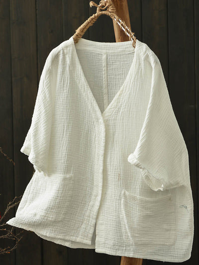 Women Summer Casual Pure Color V-Neck Cotton Shirt