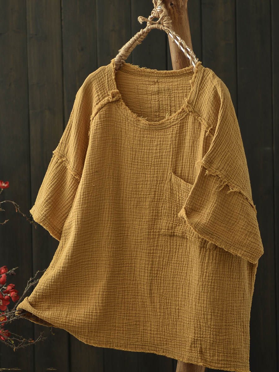 Women Summer Worn Pure Color O-Neck Cotton Shirt