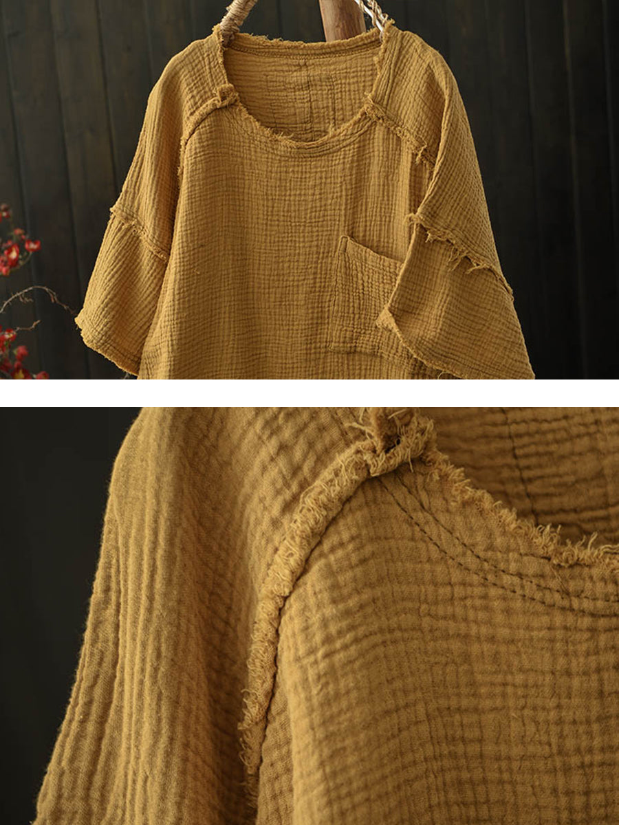 Women Summer Worn Pure Color O-Neck Cotton Shirt