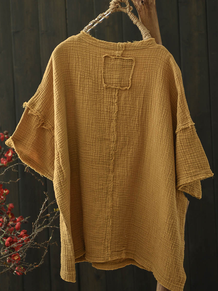 Women Summer Worn Pure Color O-Neck Cotton Shirt