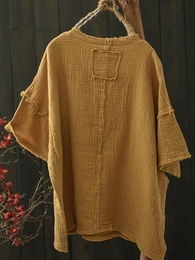 Women Summer Worn Pure Color O-Neck Cotton Shirt