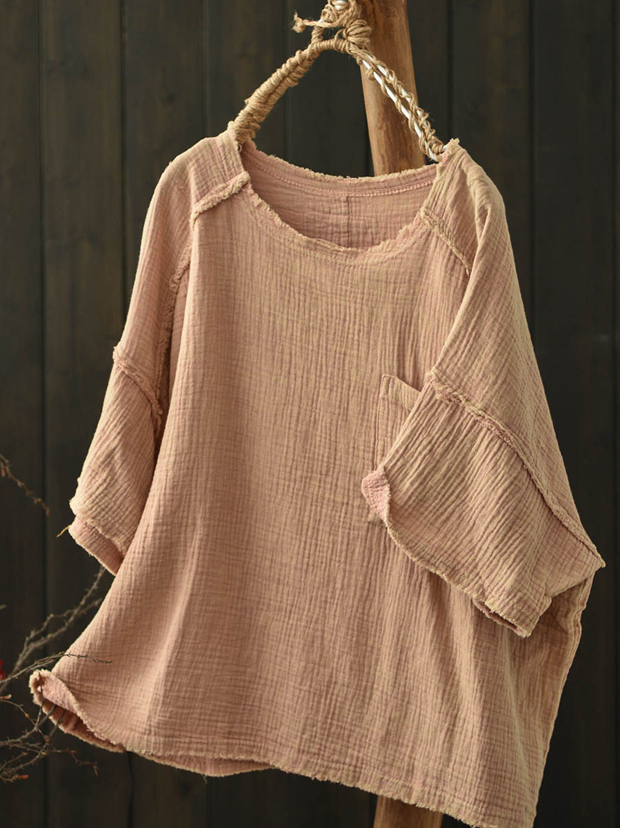 Women Summer Worn Pure Color O-Neck Cotton Shirt