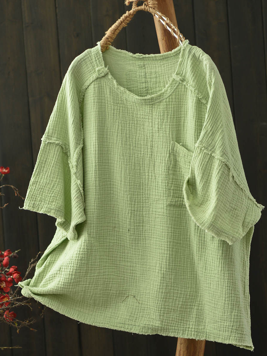 Women Summer Worn Pure Color O-Neck Cotton Shirt