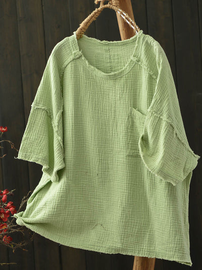 Women Summer Worn Pure Color O-Neck Cotton Shirt