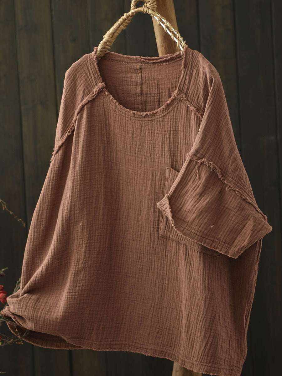 Women Summer Worn Pure Color O-Neck Cotton Shirt