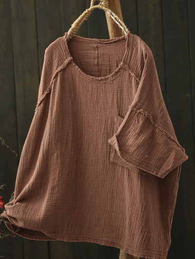 Women Summer Worn Pure Color O-Neck Cotton Shirt