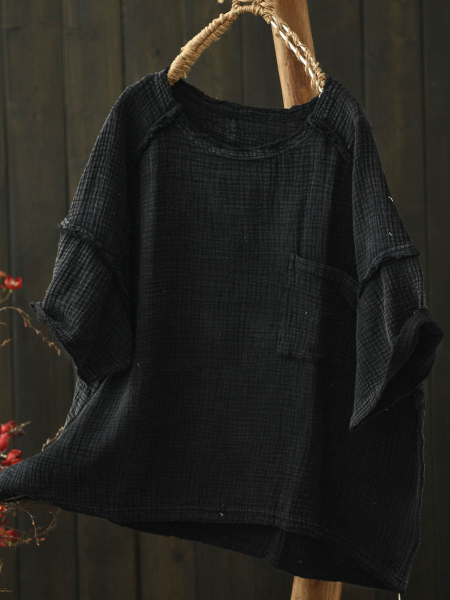 Women Summer Worn Pure Color O-Neck Cotton Shirt