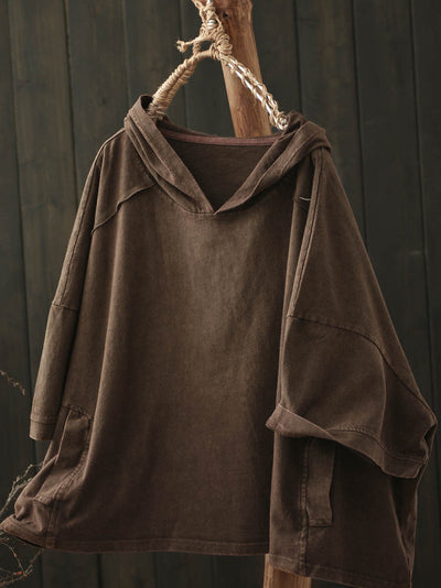 Women Summer Retro Pure Color Hooded Cotton Shirt