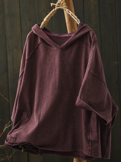 Women Summer Retro Pure Color Hooded Cotton Shirt