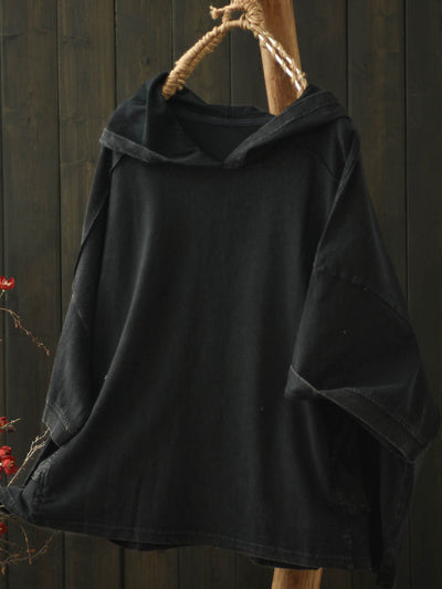 Women Summer Retro Pure Color Hooded Cotton Shirt
