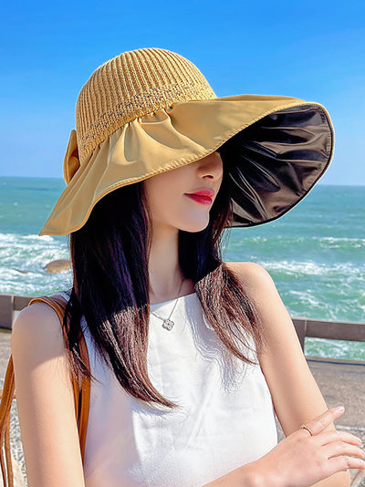 Women Summer Casual Knitted Spliced Bowknot Sunproof Hat