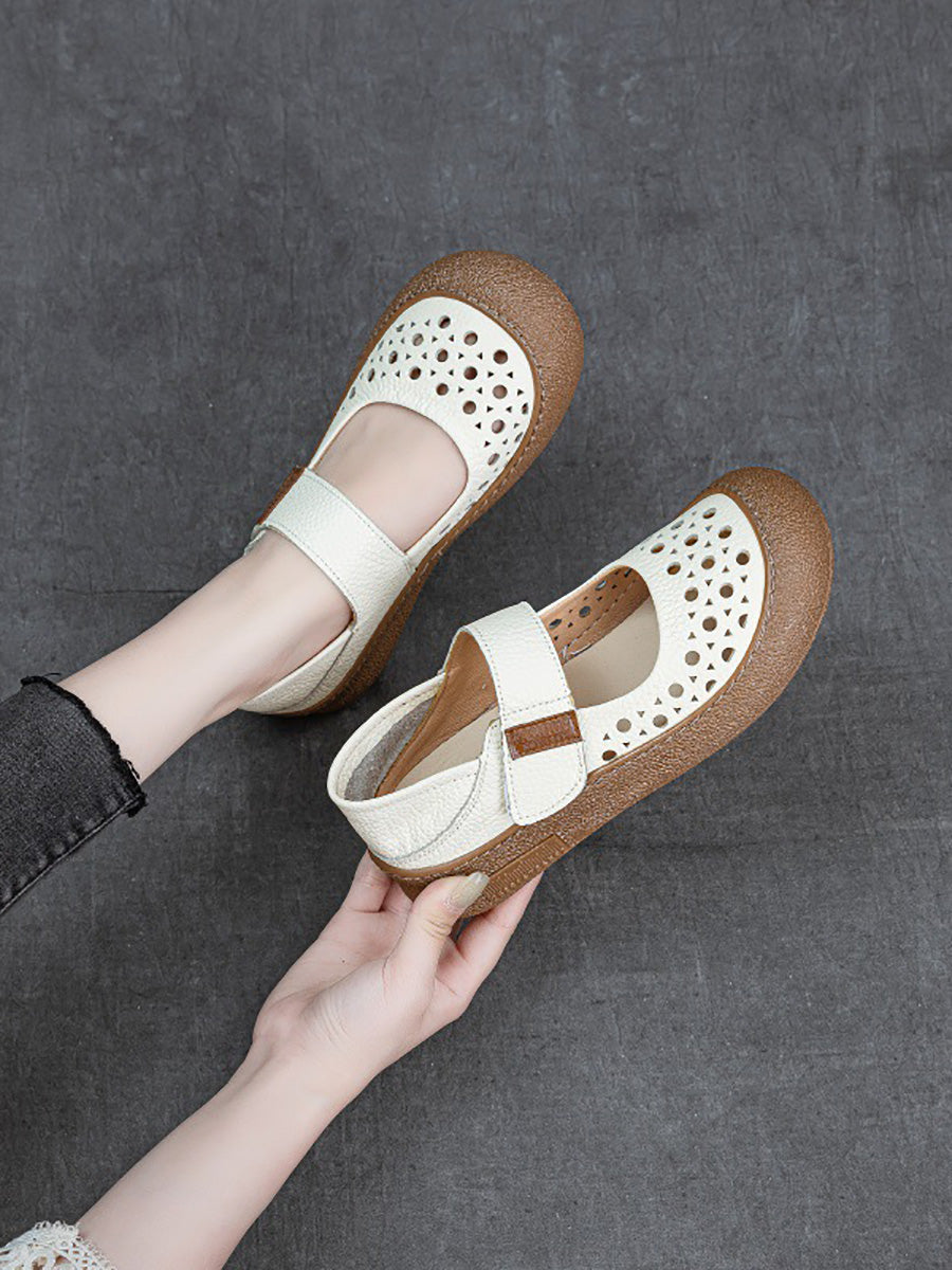 Women Vintage Summer Leather Hollow Out Flat Shoes