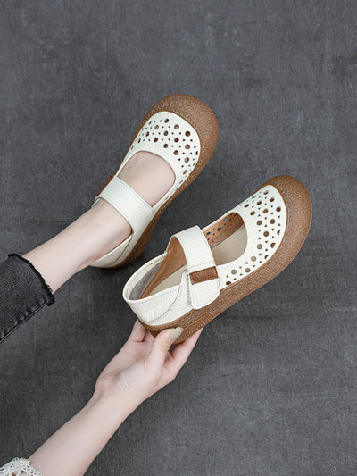 Women Vintage Summer Leather Hollow Out Flat Shoes