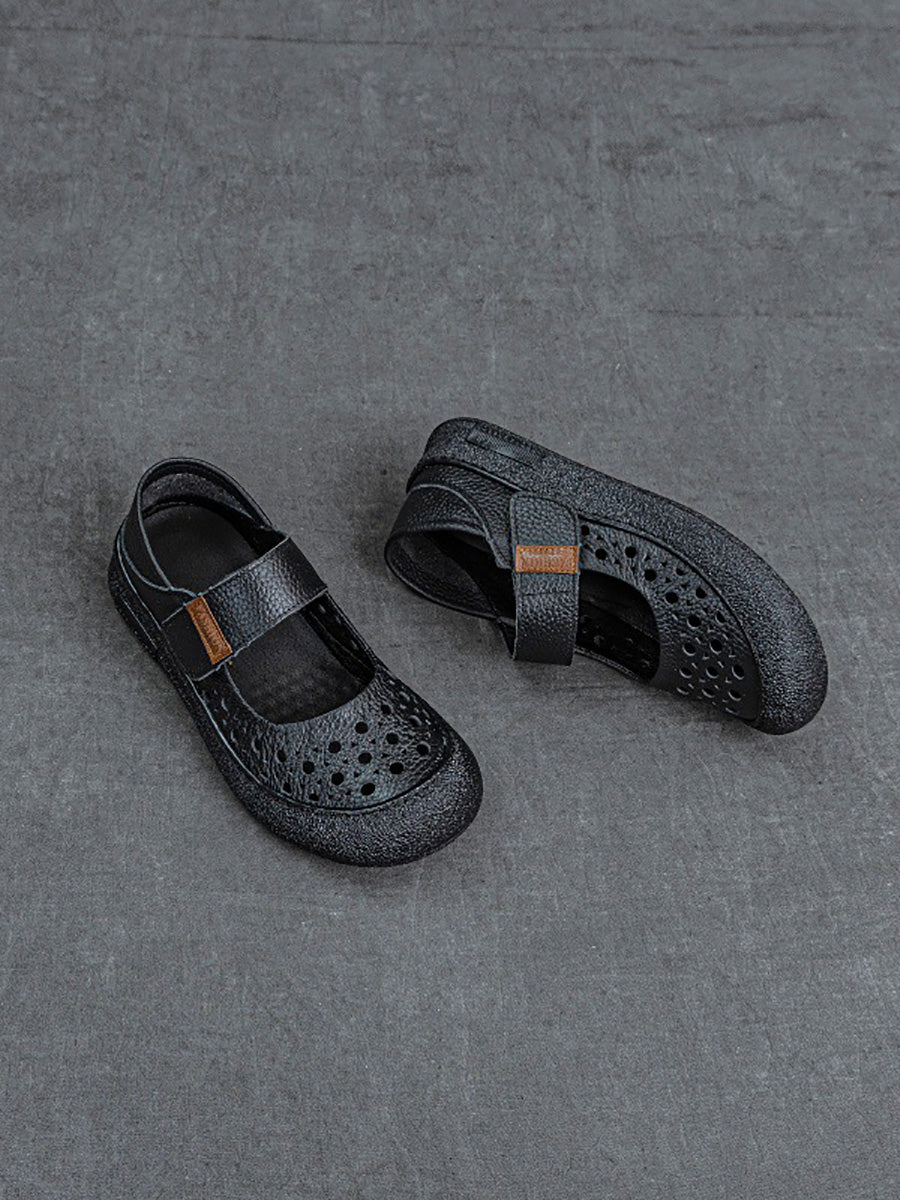 Women Vintage Summer Leather Hollow Out Flat Shoes