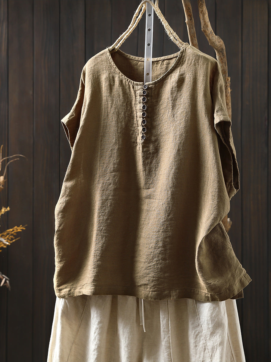 Plus Size Women Summer Casual Pure Color O-Neck 100%Linen Shirt