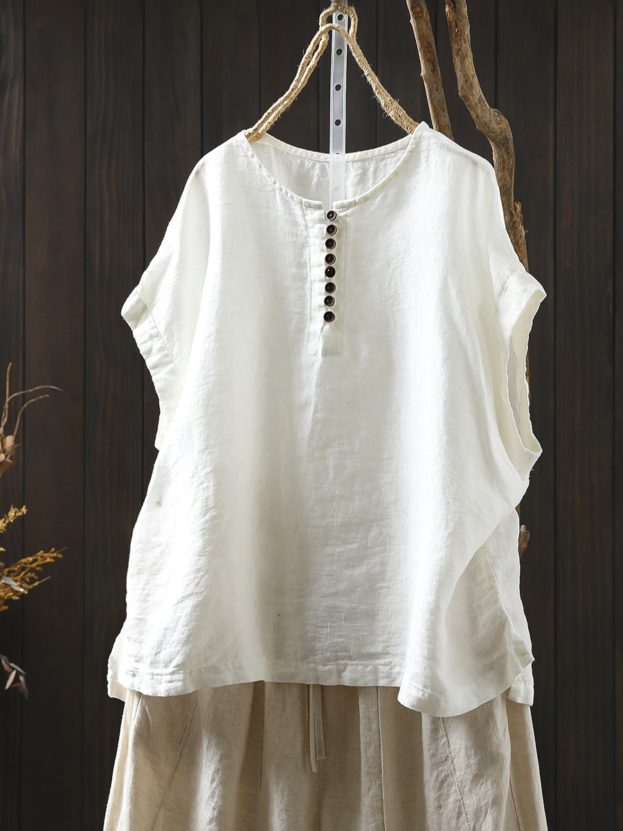 Plus Size Women Summer Casual Pure Color O-Neck 100%Linen Shirt