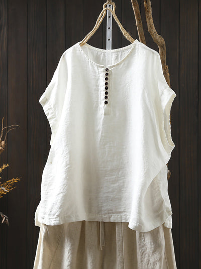 Plus Size Women Summer Casual Pure Color O-Neck 100%Linen Shirt