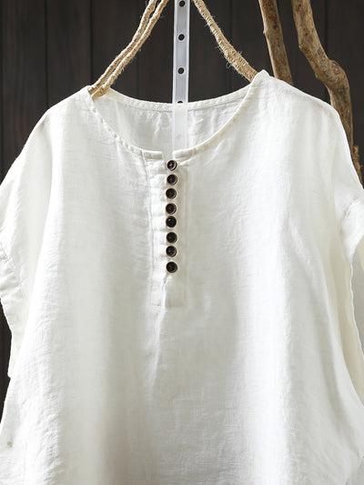 Plus Size Women Summer Casual Pure Color O-Neck 100%Linen Shirt