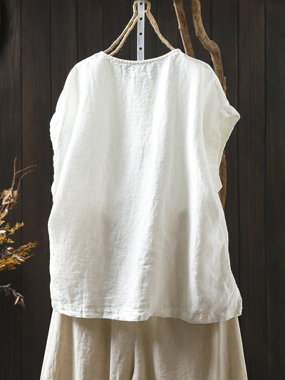 Plus Size Women Summer Casual Pure Color O-Neck 100%Linen Shirt