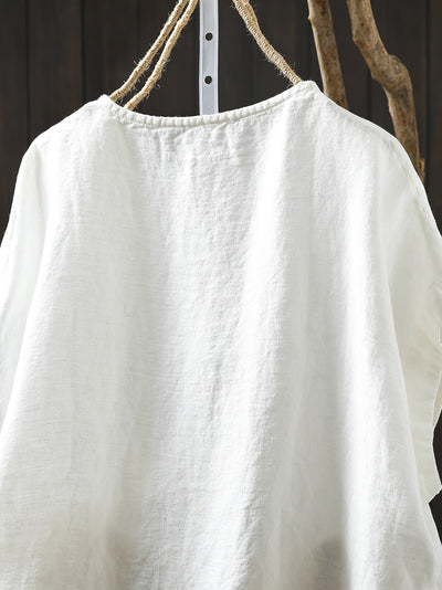 Plus Size Women Summer Casual Pure Color O-Neck 100%Linen Shirt