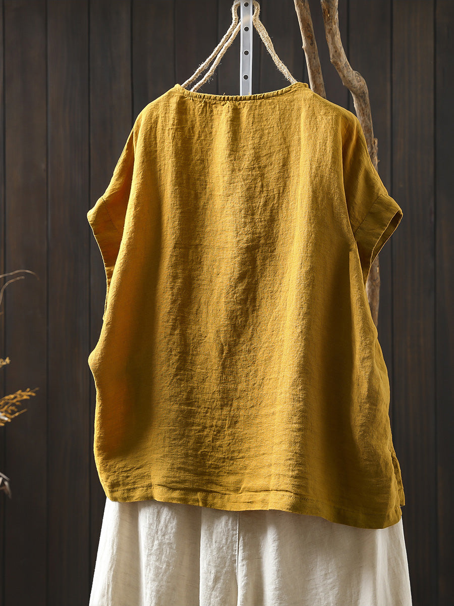 Plus Size Women Summer Casual Pure Color O-Neck 100%Linen Shirt