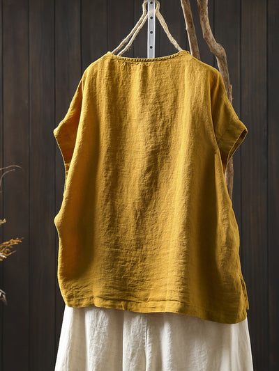 Plus Size Women Summer Casual Pure Color O-Neck 100%Linen Shirt