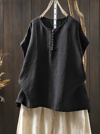 Plus Size Women Summer Casual Pure Color O-Neck 100%Linen Shirt