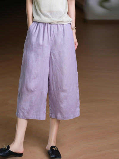 Women Summer Pure Color 100%Linen Wide-leg Cropped Pants