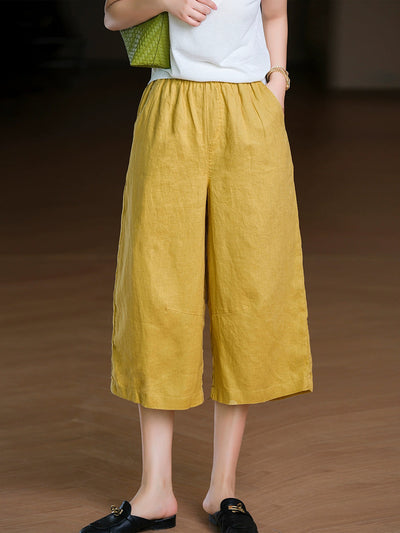 Women Summer Pure Color 100%Linen Wide-leg Cropped Pants