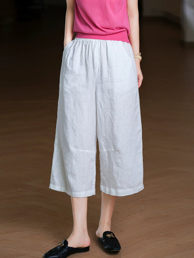 Women Summer Pure Color 100%Linen Wide-leg Cropped Pants