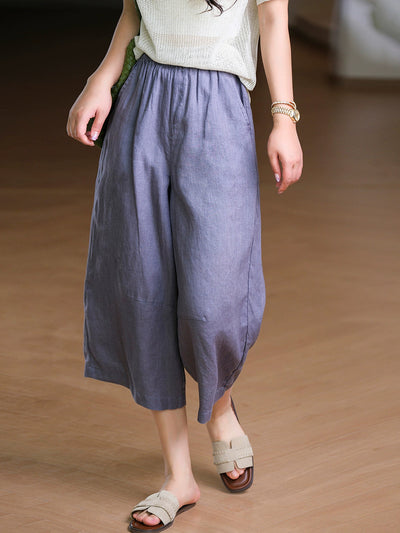Women Summer Pure Color 100%Linen Wide-leg Cropped Pants
