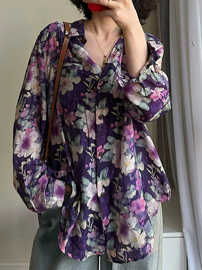 Plus Size Women Summer Artsy Flower Turn-down Collar Long Sleeve Shirt