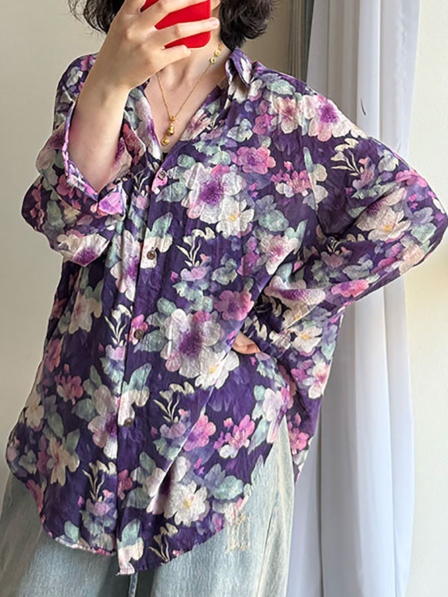 Plus Size Women Summer Artsy Flower Turn-down Collar Long Sleeve Shirt